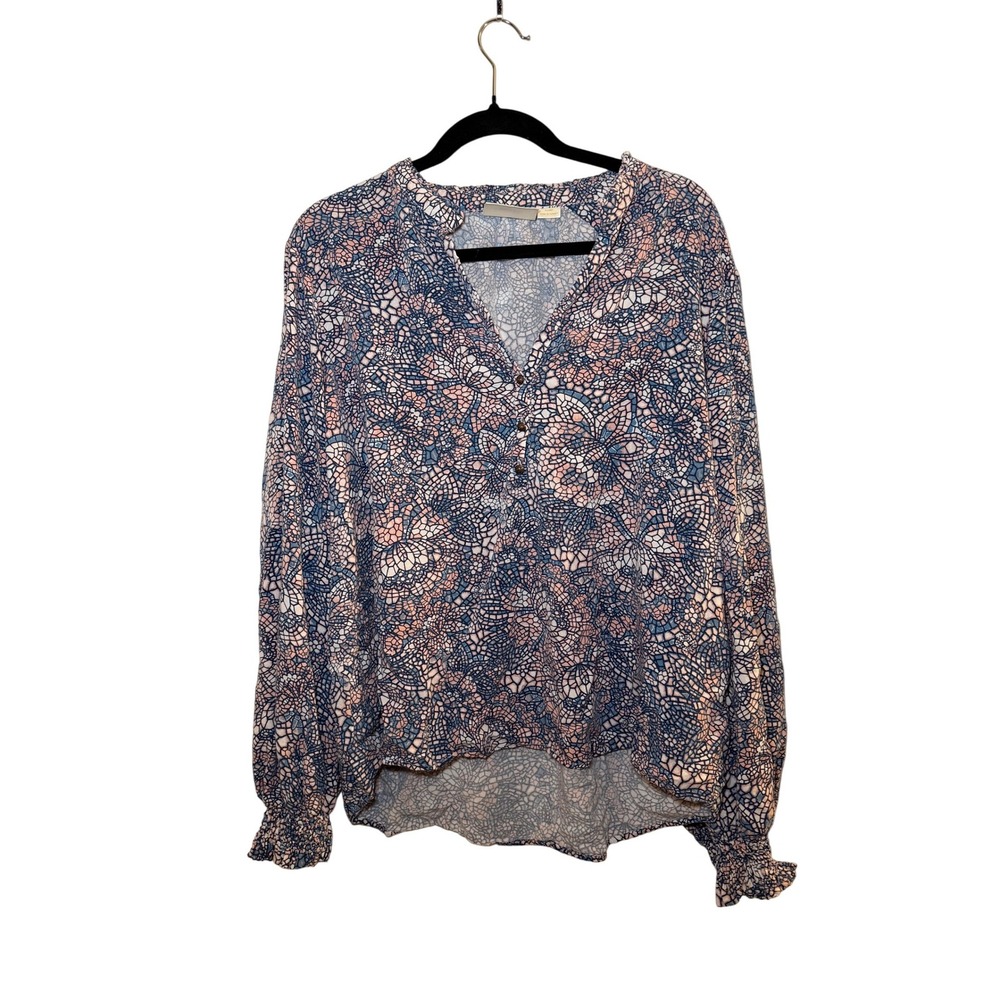 Maeve Anthropologie Mosaic Print Blouse Blue XL Boho Henley Work‎ Office